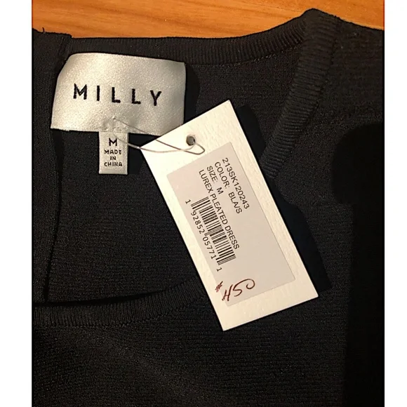 Milly Scoop-Neck Elbow-Sleeve Fit-and-Flare Metallic Pleated Dress - Picture 6 of 12